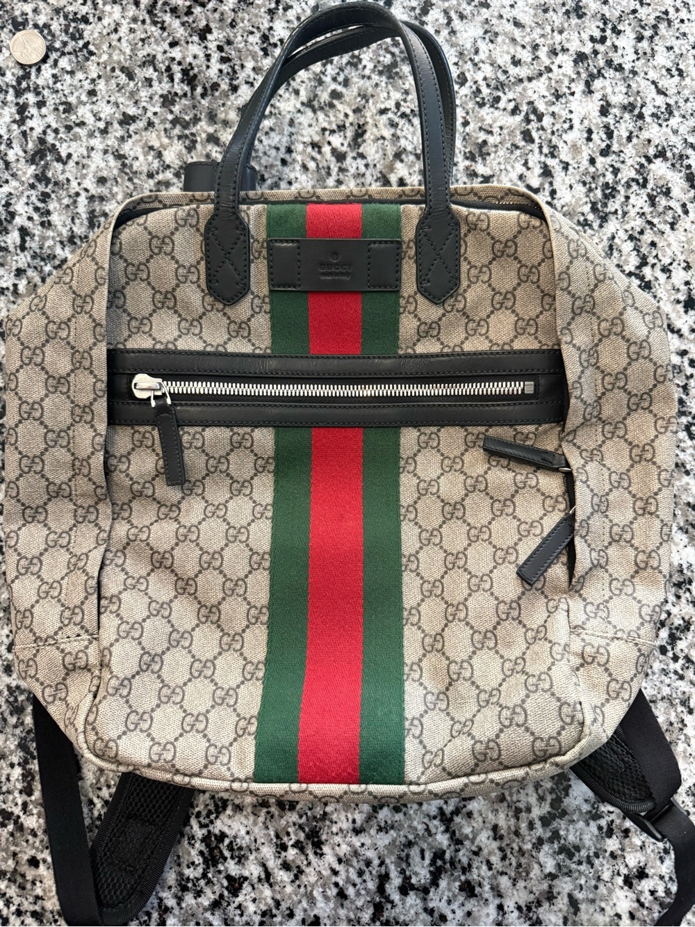 Gucci Beige GG Supreme Canvas Backpack with Red & Green Stripe and Black Trim